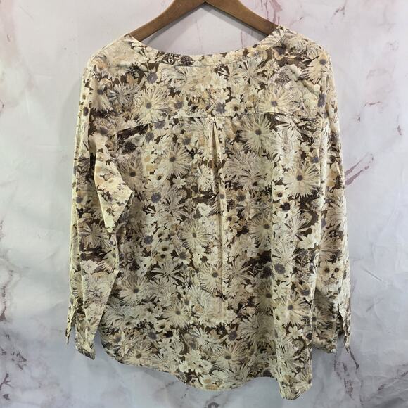 J Jill Shirt Womens Large P Petite Yellow Beige Floral Button Up Popover Notch - Picture 5 of 10